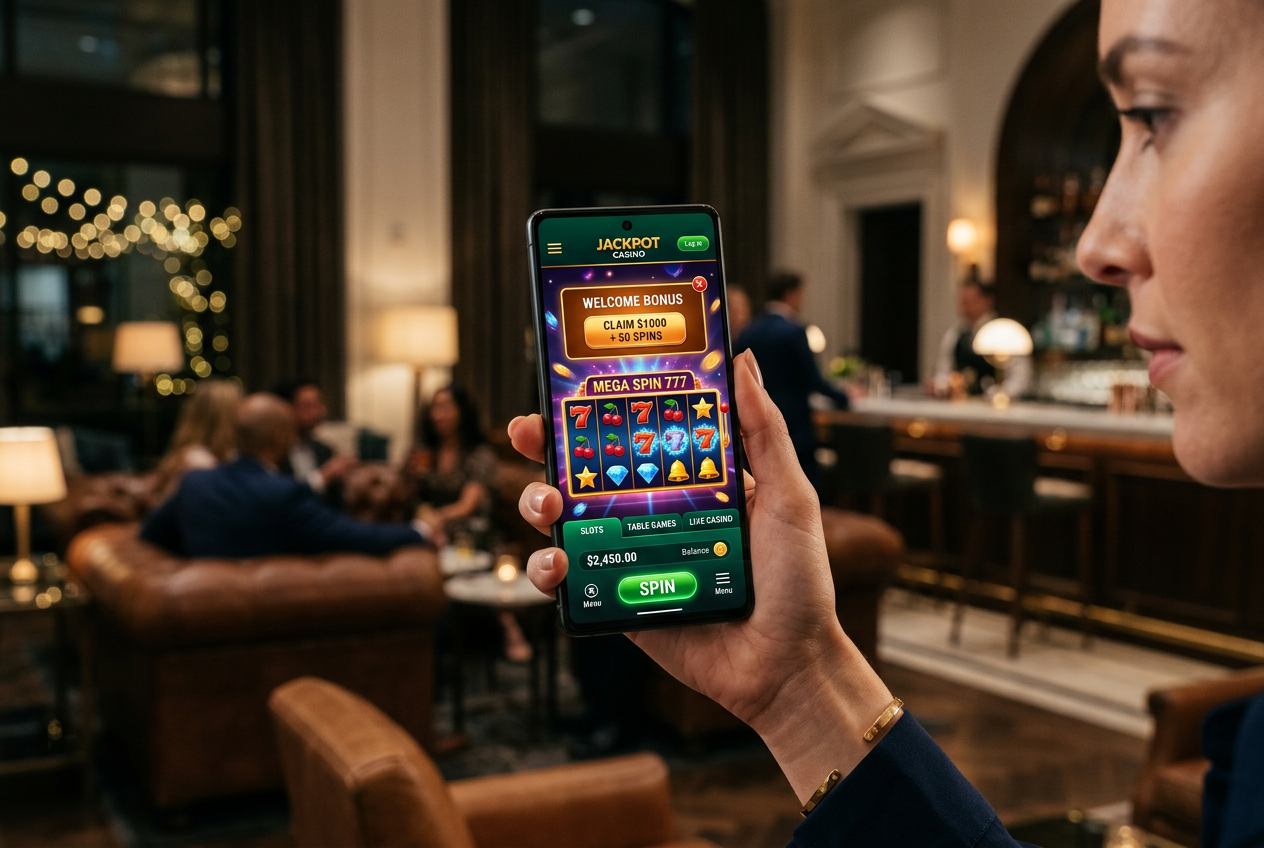 A modern smartphone displaying a colorful online casino interface with slot icons and bonus alerts.