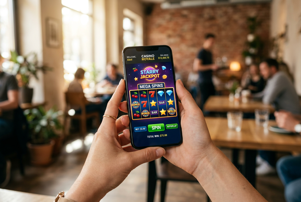 A person using a high-end smartphone to access a mobile casino app in a bright setting.