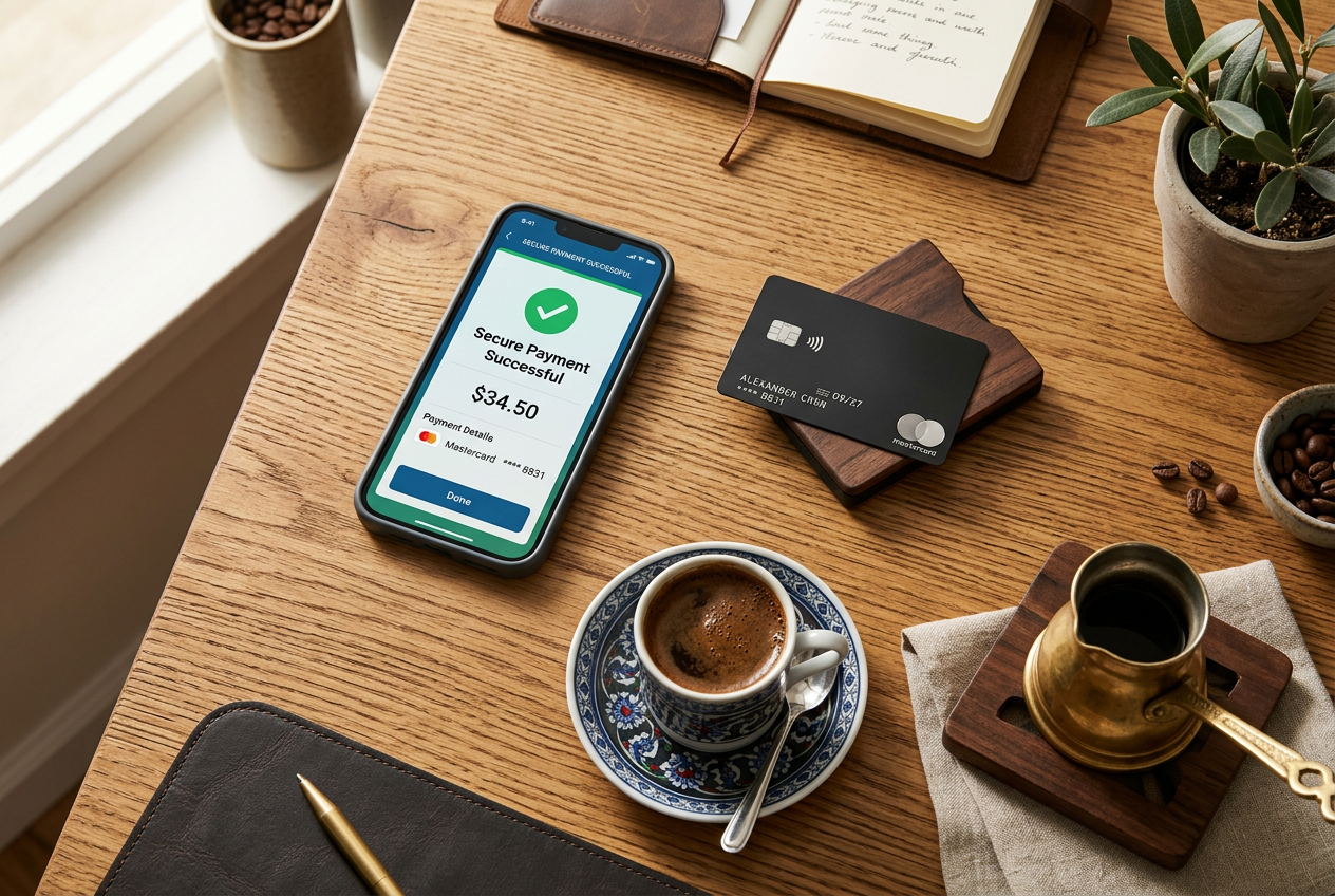 A smartphone next to a credit card and a cup of coffee, signifying secure mobile transactions.