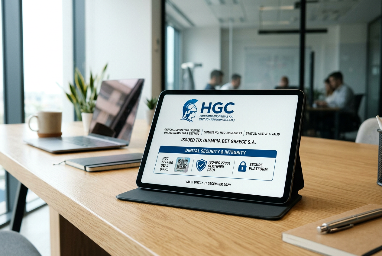 A digital tablet showing official gaming licenses and security seals.
