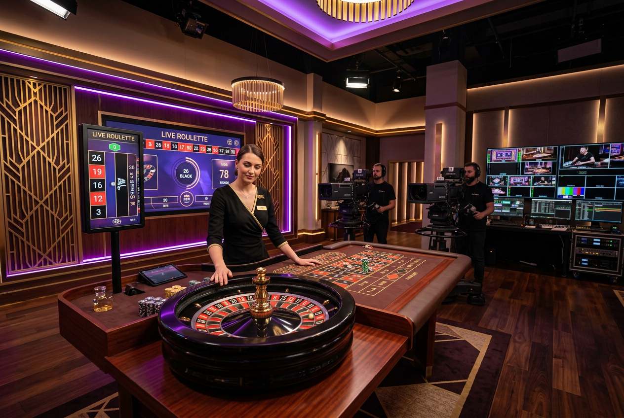 A high-end live casino studio with a roulette table and dealer.