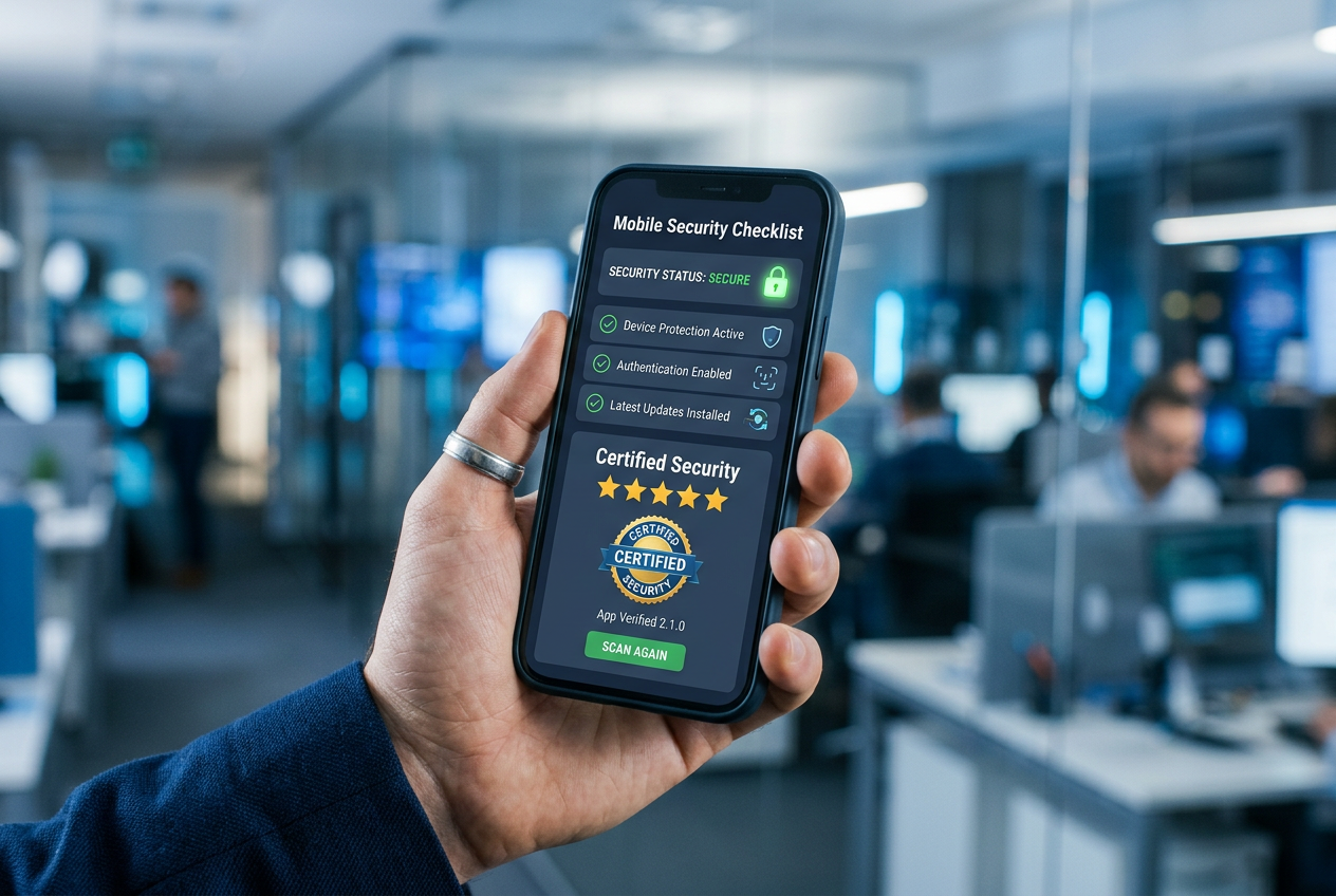 Ένα χέρι που κρατά ένα smartphone με εικονίδια ασφαλείας και αξιολόγησης.