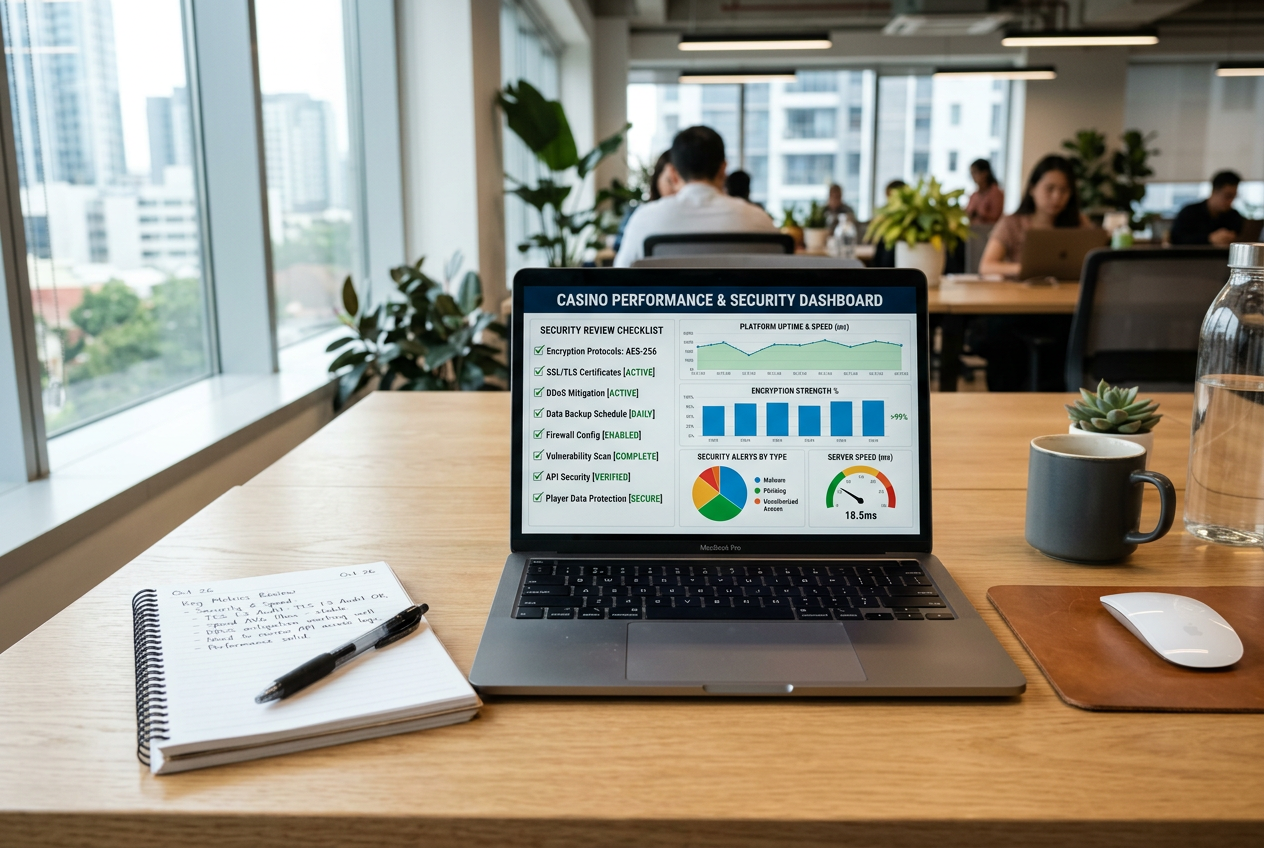 A business workspace with a laptop evaluating website security.