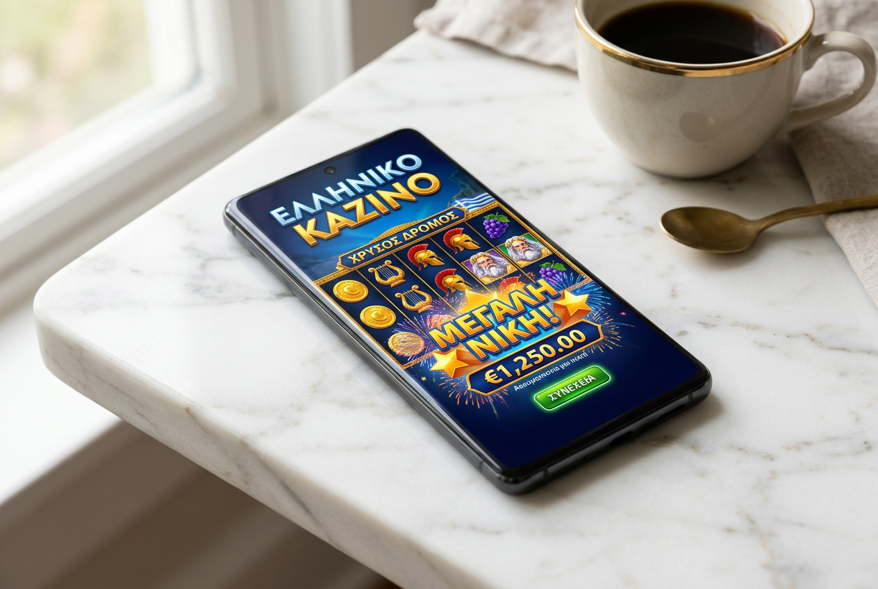 A modern smartphone showing a casino app with Greek text.