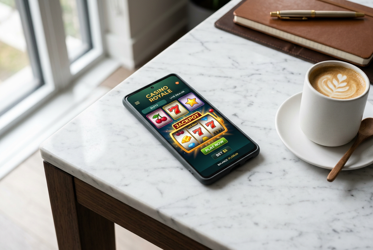 Μια σύγχρονη διεπαφή online casino σε smartphone πάνω σε ένα πολυτελές γραφείο.